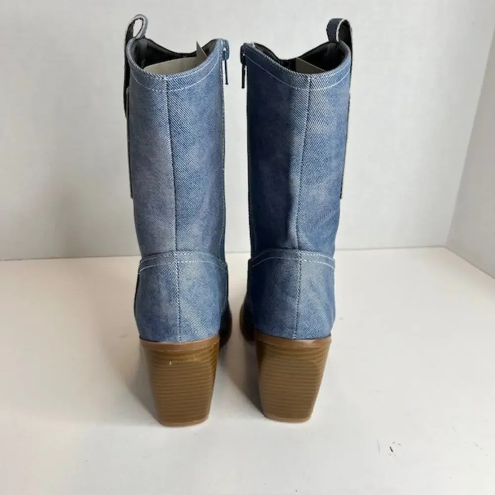 Yoki Denim Style Western Boots Blue Chambray Pointed Toe Size 6.5 New Cowboy